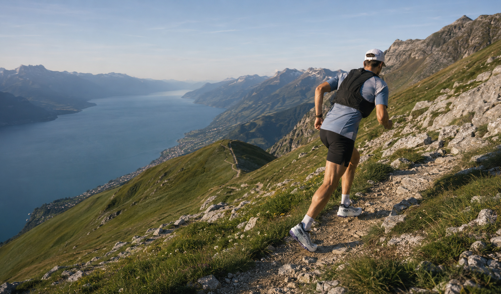 Montreux trail runner climbing above Lake Geneva