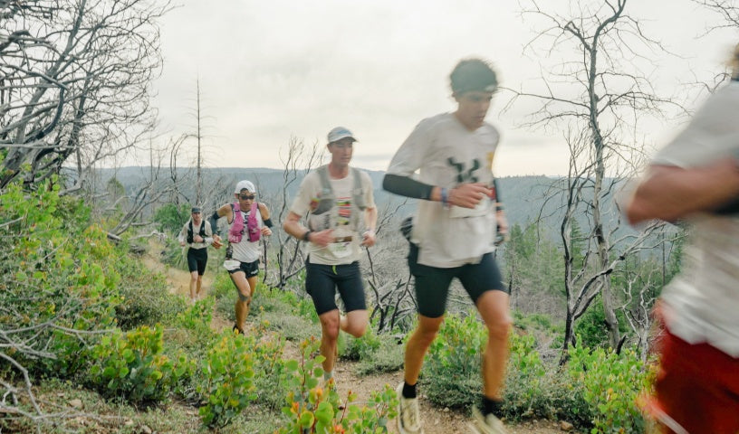 Group trail runners racing on mountain path