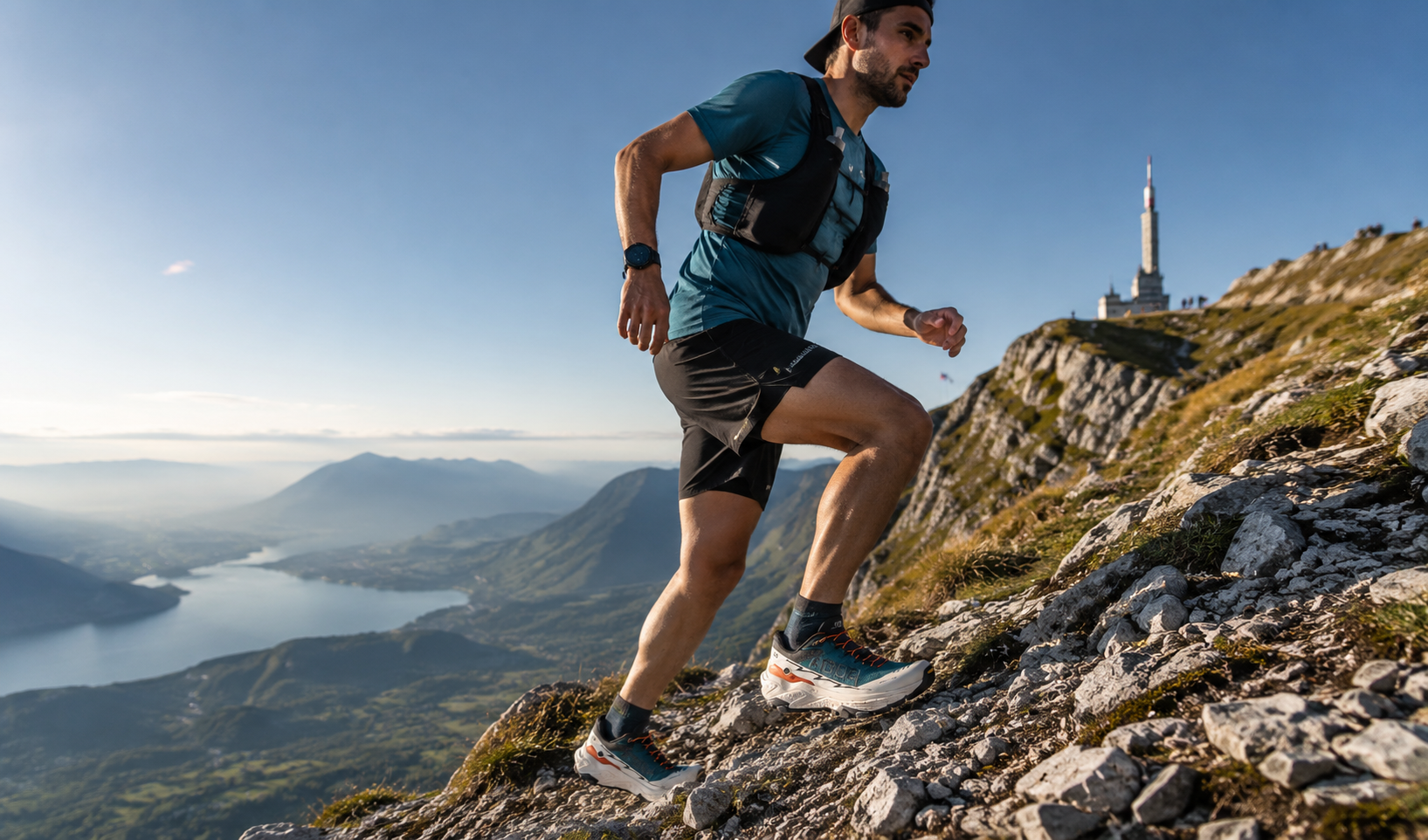 Ultra Trail Grand Colombier runner climbing limestone ridge
