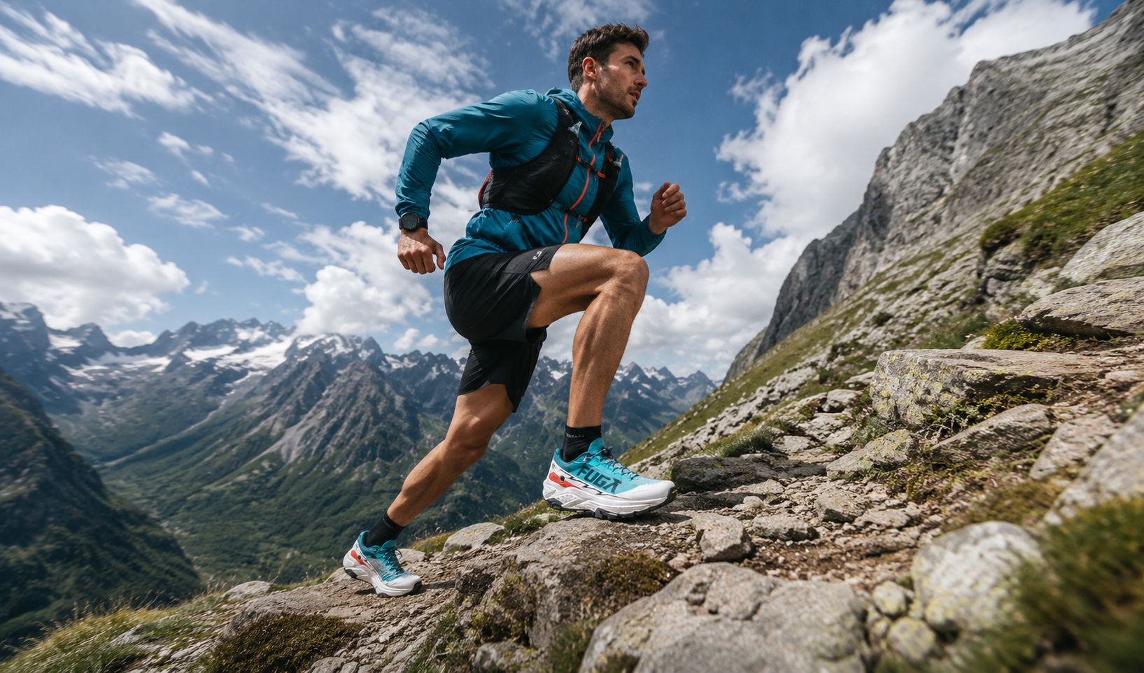 Kailas FUGA shoes on rocky uphill trail