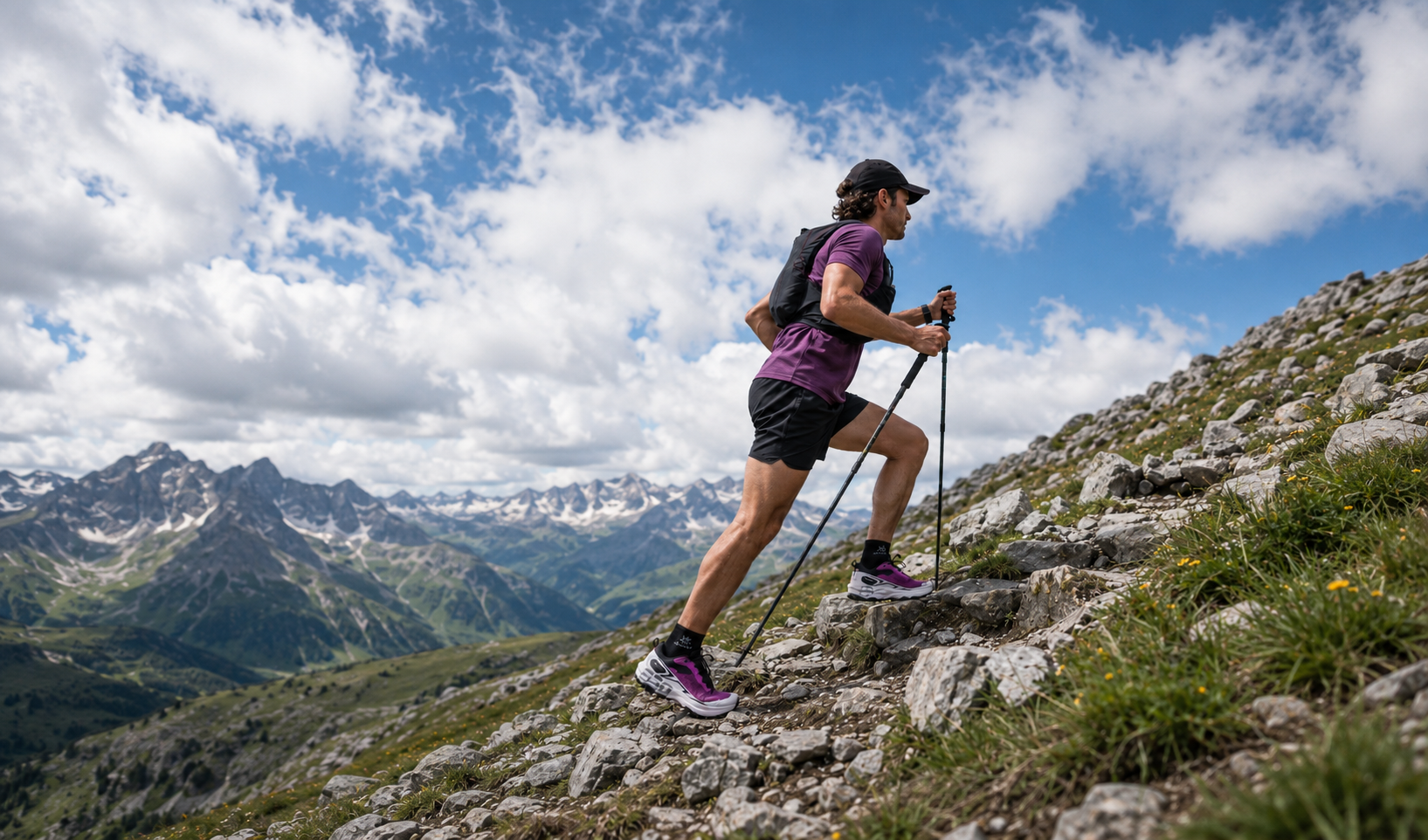 Male trail runner on alpine mountain path with Kailas FUGA shoes