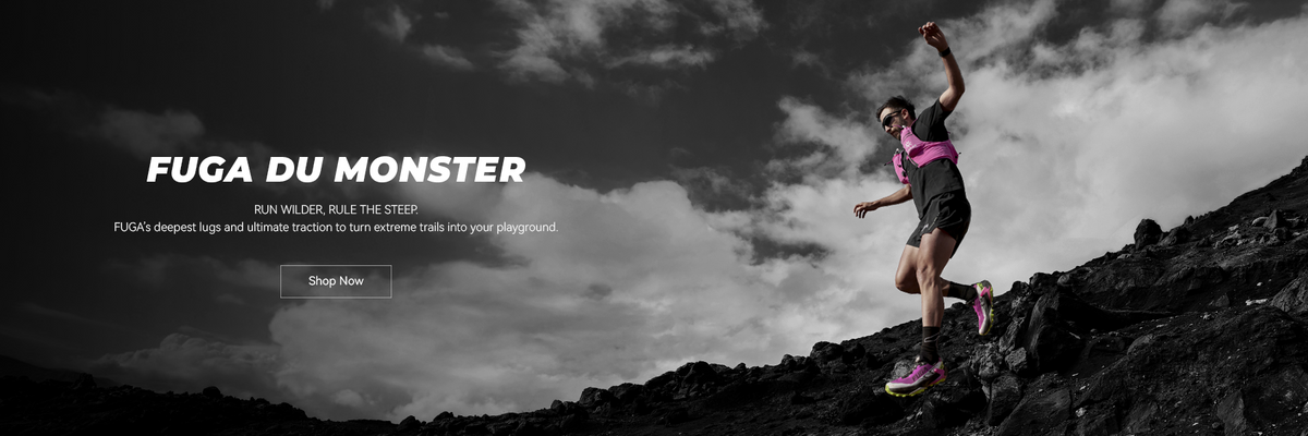 FUGA DU Monster trail running shoes in vibrant pink and yellow, conquering rugged terrain with deep lugs and ultimate traction.